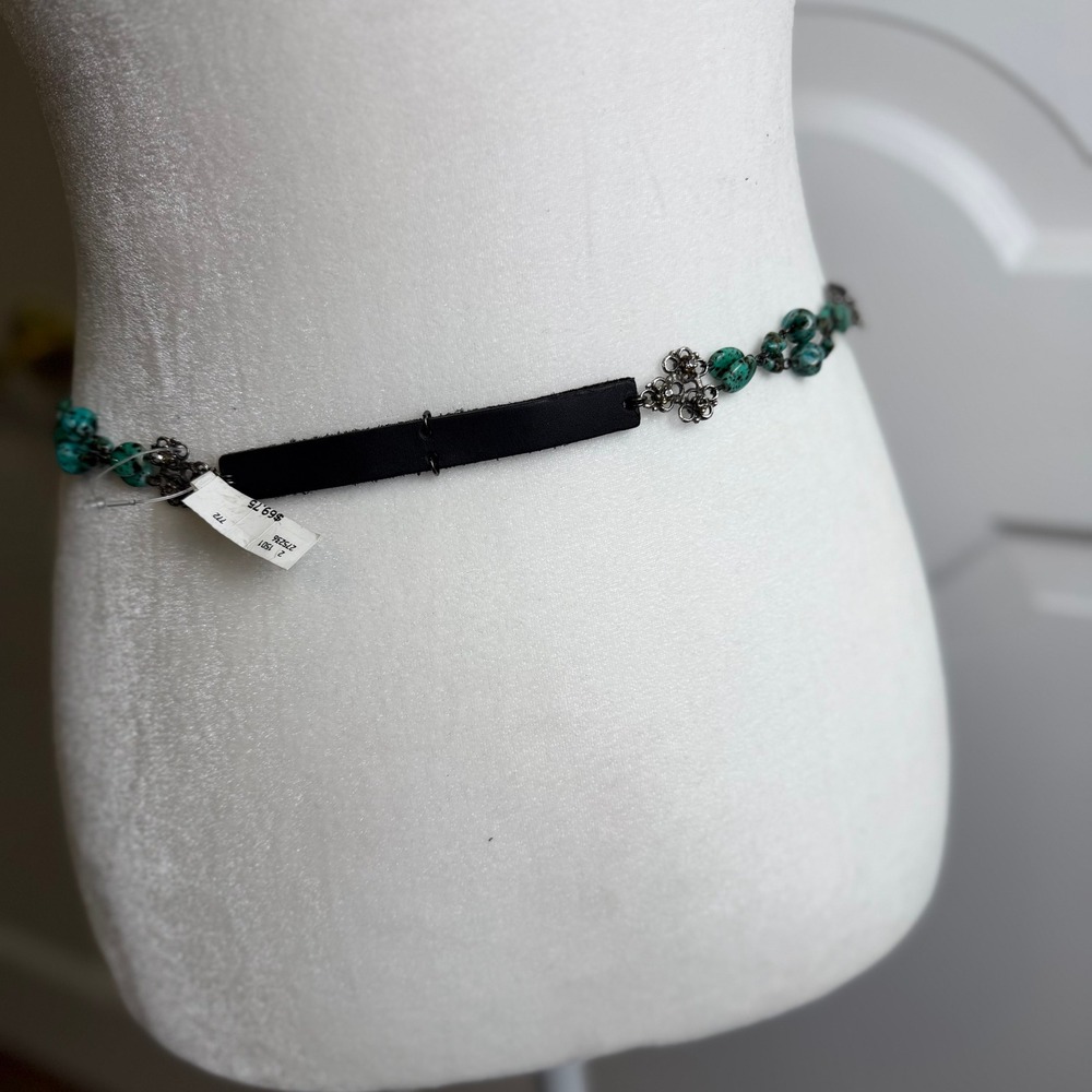 Turquoise Stone Black Leather Chain Belt Rhinestone Drop Size M/L - Picture 13 of 15